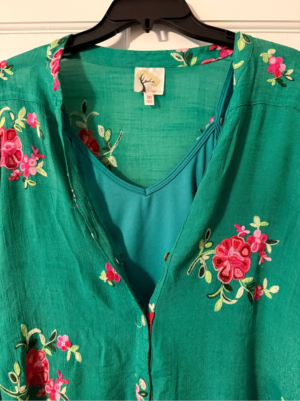 Green Embroidered Floral Button-Front Blouse - Picture 1 of 7
